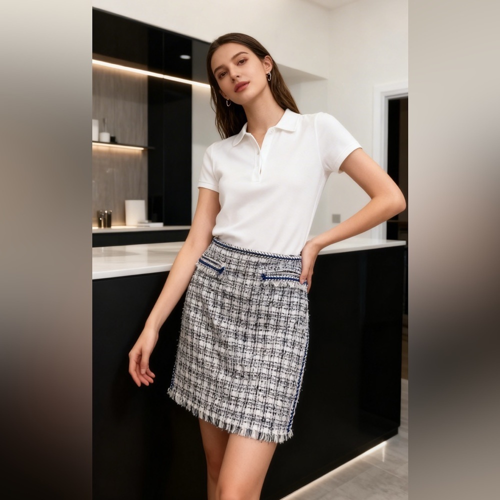 H&M tweed skirt Chanel vibe white/blue/black with fringes